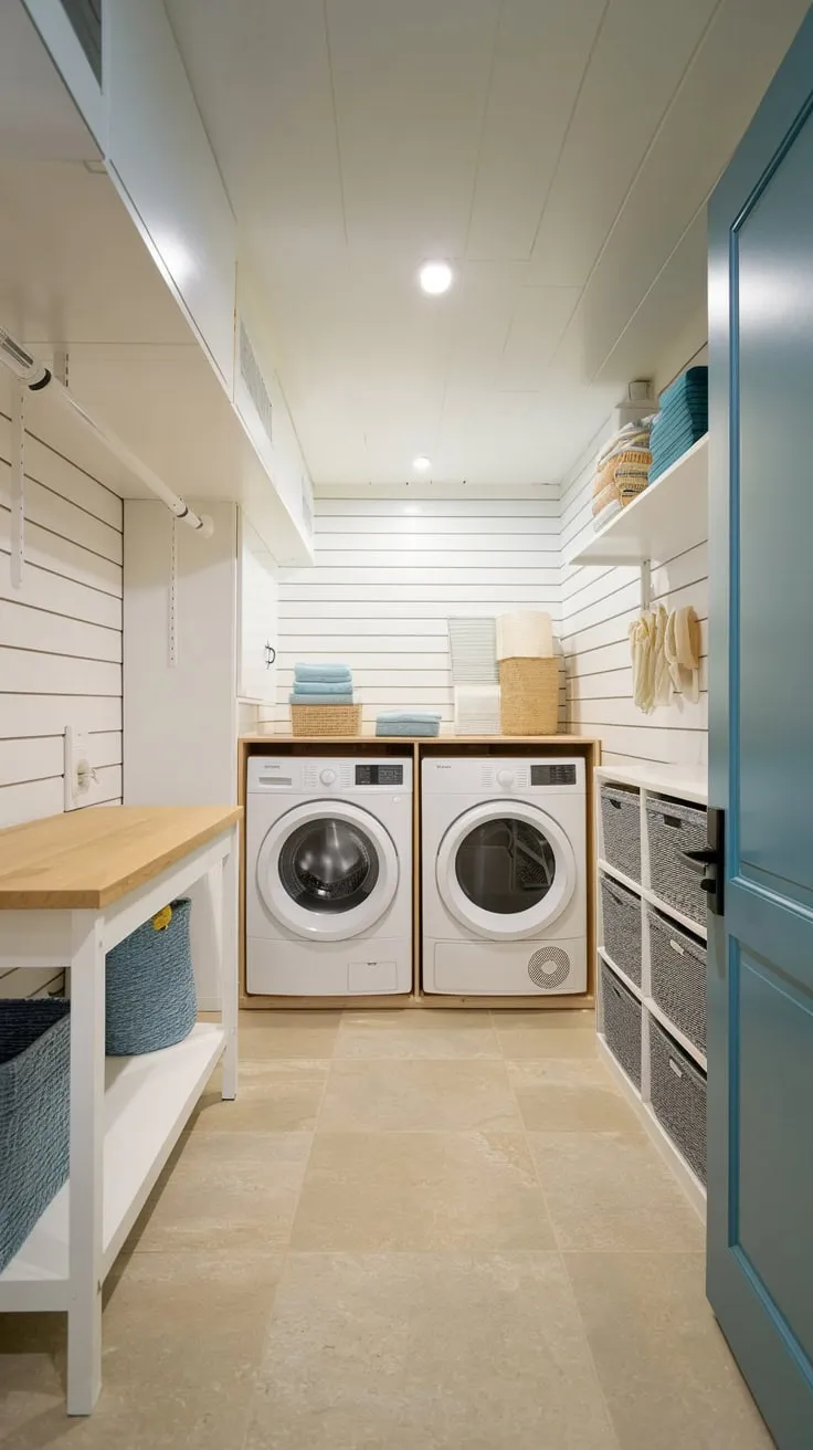 Bright Modern Basement Laundry Room with Stylish Storage