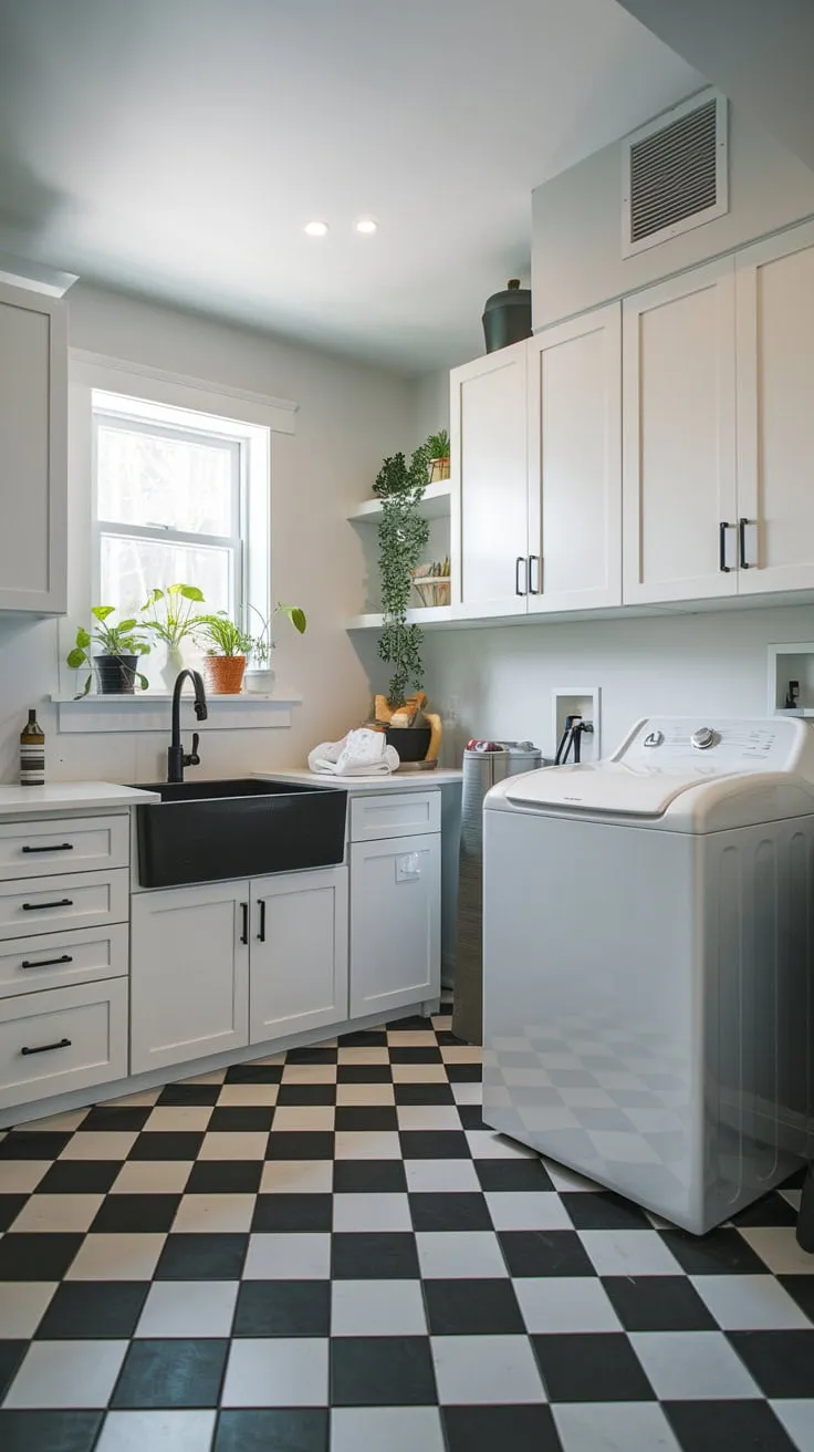 Stylish Modern Basement Laundry Room with Plants