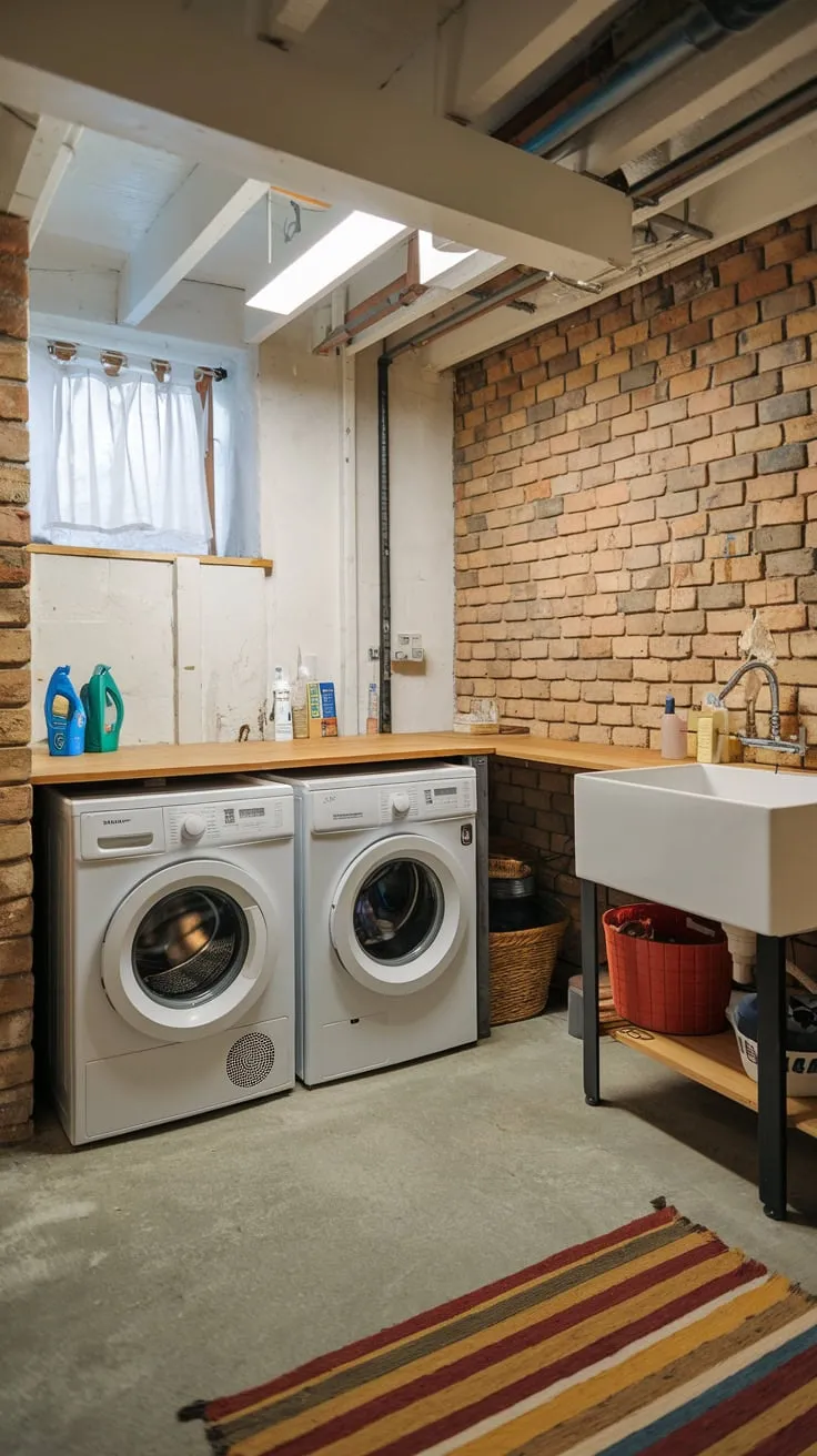 Stylish Modern Basement Laundry Room with Exposed Brick