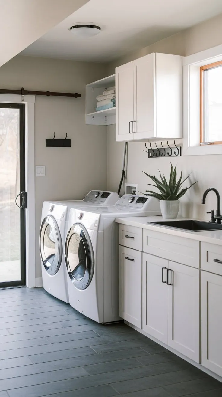 Bright Modern Basement Laundry Room with Stylish Features