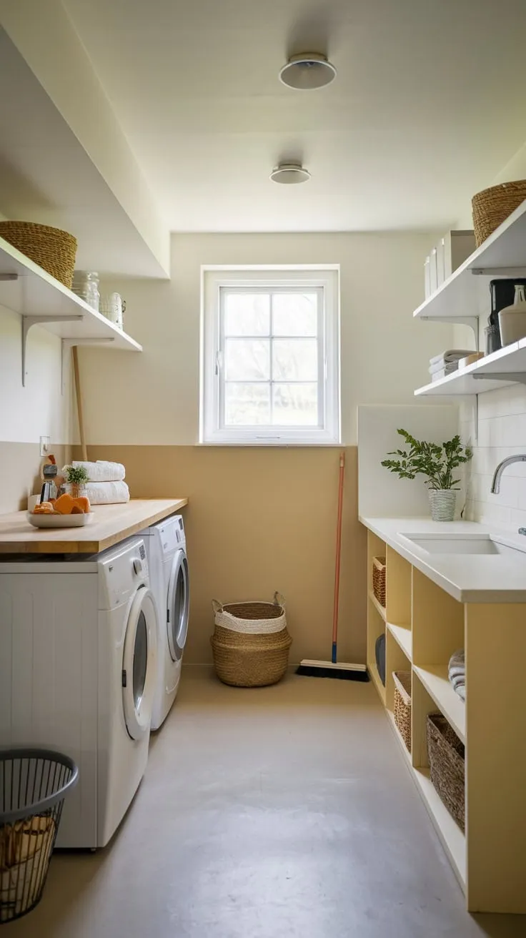 Bright Modern Basement Laundry Room with Ample Storage