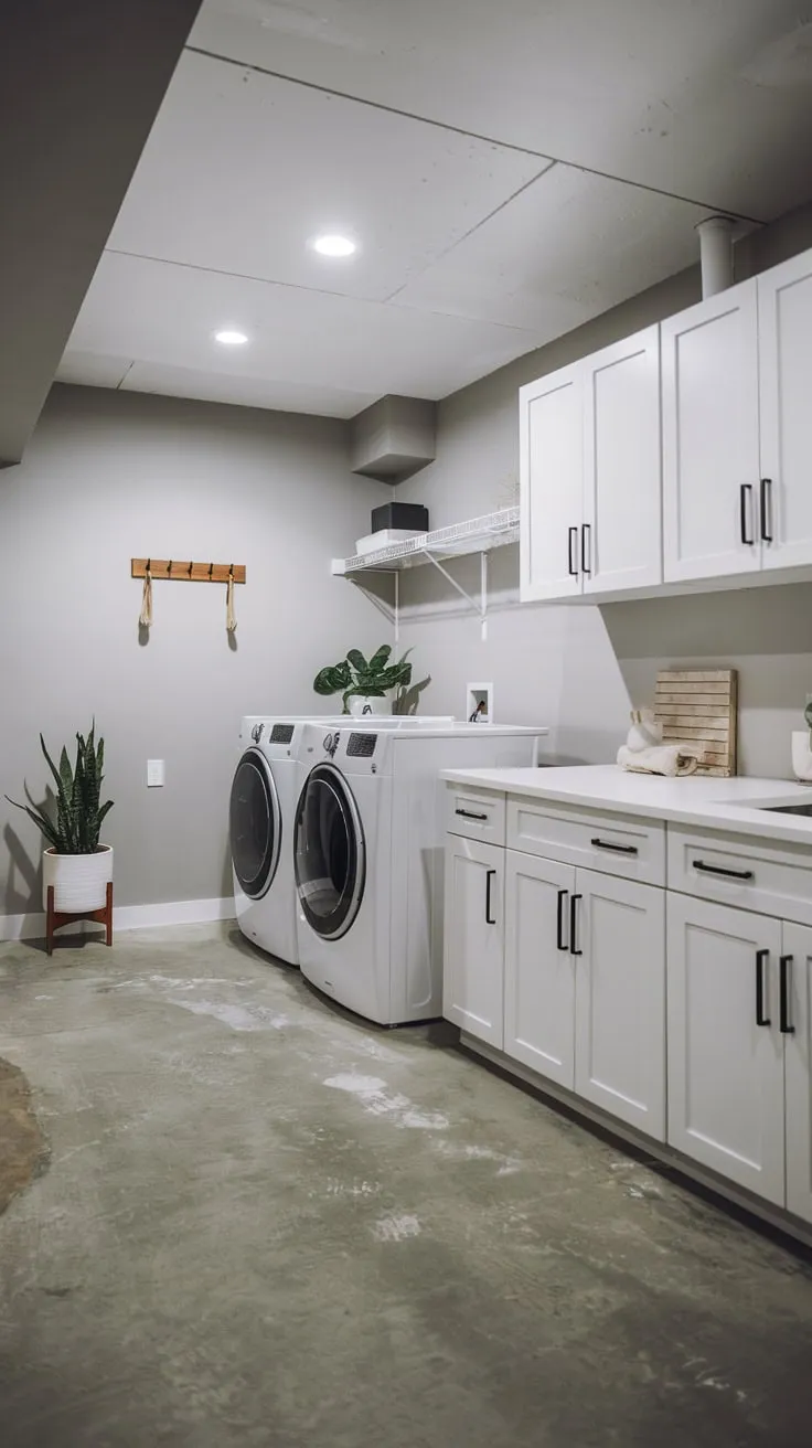 Bright Modern Basement Laundry Room with Stylish Decor
