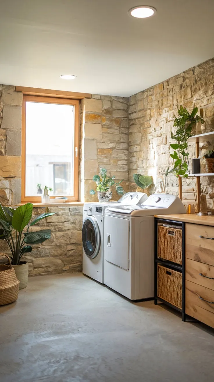 Bright Modern Basement Laundry Room with Stone Wall