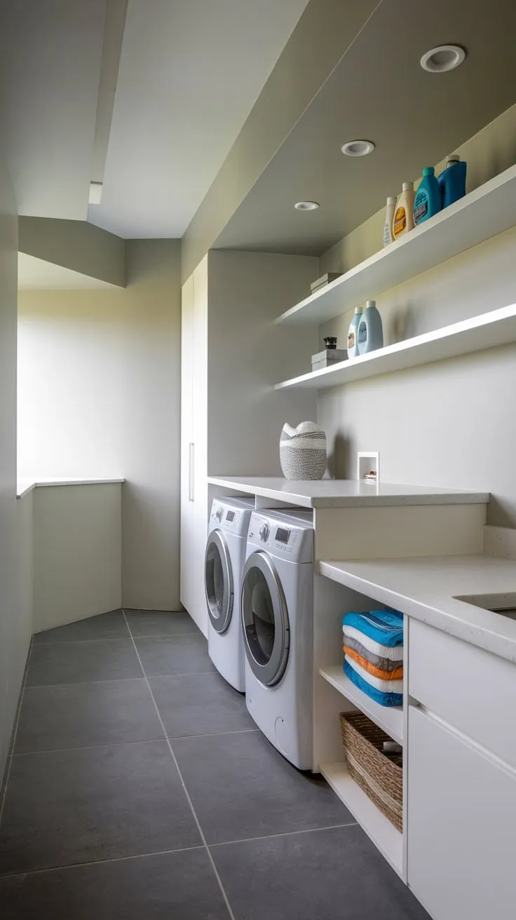 Sleek Minimalist Basement Laundry Room in Light Gray