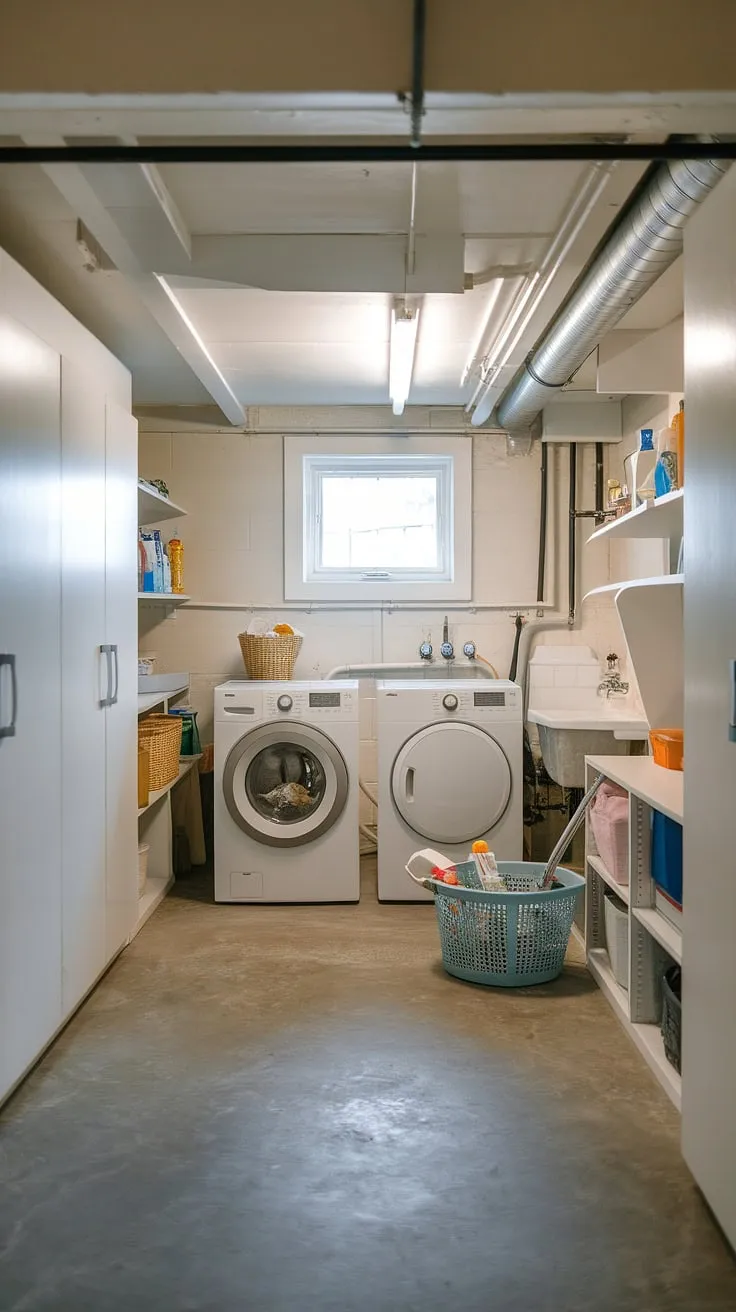 This bright and functional basement laundry room, a true laundry nook, maximizes space with clever storage solutions.  The added utility sink and natural light from the window make this basement washing room a surprisingly pleasant laundry area.  These laundry facilities are anything but drab!  This well-organized basement utility room and washing area is a dream come true, transforming this basement drying room into a practical and efficient laundry corner.