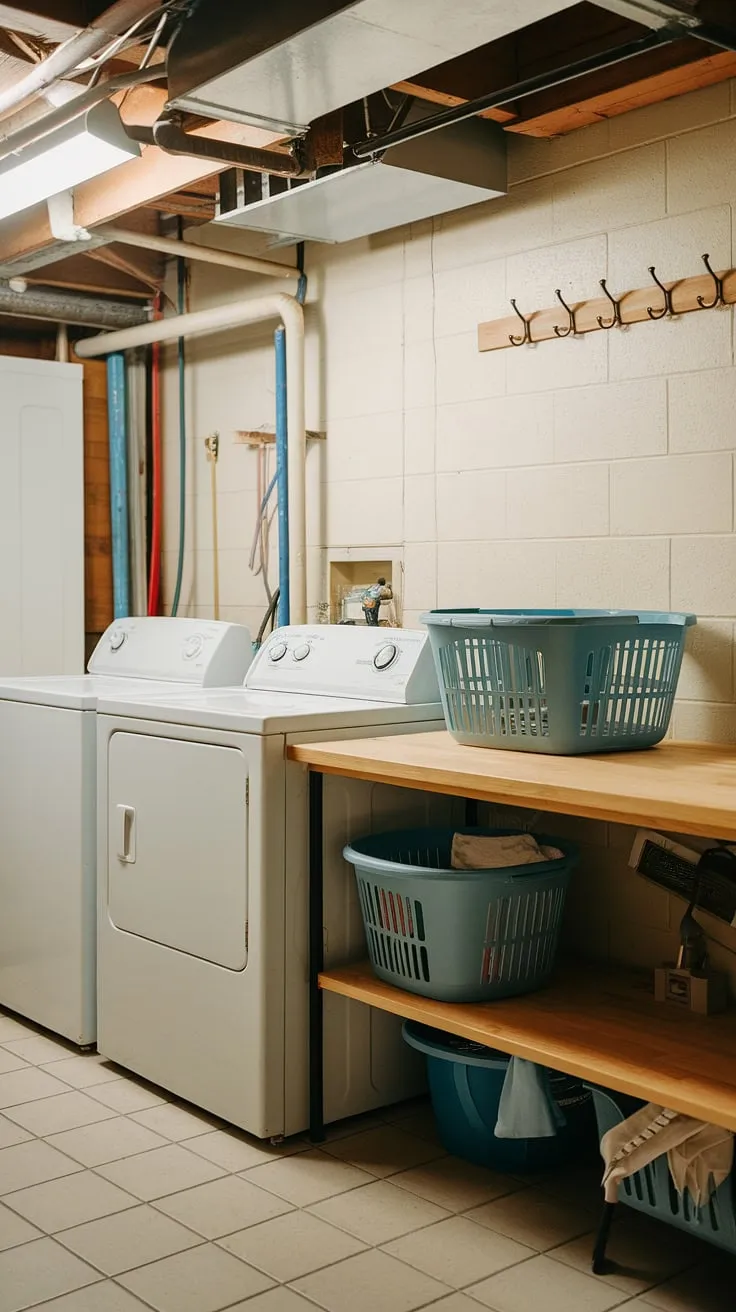 This cozy basement drying room, cleverly designed as a dedicated laundry space, boasts a cheerful aesthetic.  The white appliances and wooden accents make this basement washing room feel less like a chore and more like a well-organized laundry corner.  With its thoughtful layout and ample storage, this basement laundry room provides efficient laundry facilities in a surprisingly charming laundry area.