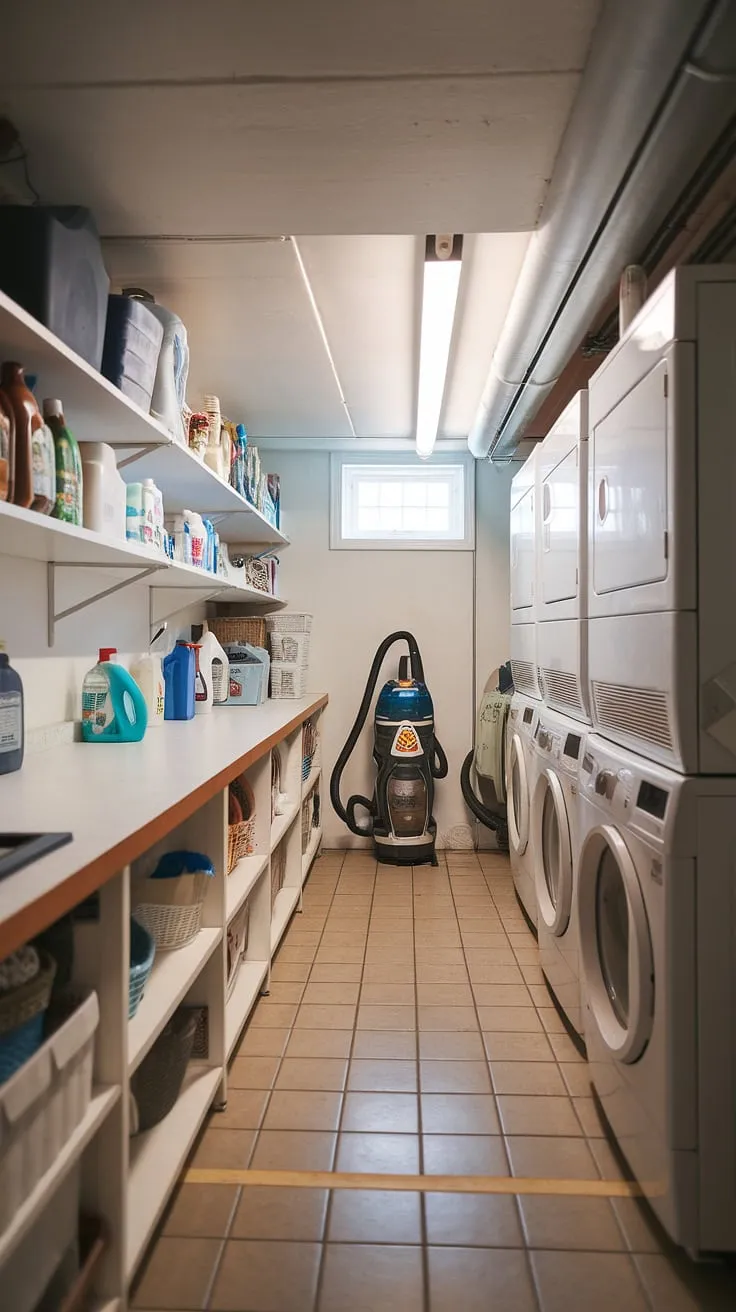 This well-organized basement laundry room, a true laundry haven, boasts ample space for all your laundry needs.  The dedicated laundry area, complete with multiple washing machines and dryers, makes tackling laundry day a breeze.  Conveniently located shelves above the long counter keep cleaning supplies and a vacuum readily accessible, transforming this basement washing room into an efficient laundry facilities and a surprisingly bright laundry nook.  The tiled floor and small window add a touch of unexpected charm to this basement utility room, making this washing area a surprisingly pleasant laundry corner. This basement drying room is the ultimate laundry space.