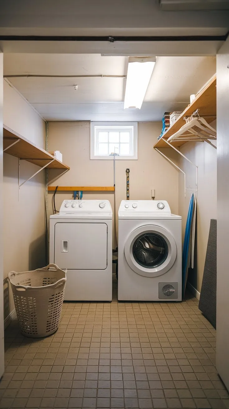 Transforming a basement utility room into this inviting laundry space was a smart move.  This basement laundry room, with its tiled floor and small window, feels anything but cramped. The thoughtfully designed laundry corner, complete with a shelf and hanging rod, makes this basement washing room a functional and organized laundry area.  This efficient use of space showcases the potential of even a small basement drying room to become impressive laundry facilities.  This laundry nook is a perfect example of maximizing a basement laundry room.