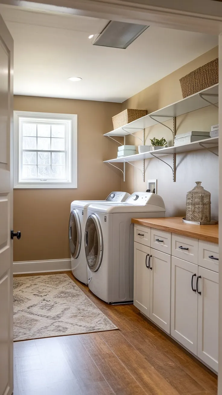 This basement laundry room remodel is the ultimate solution for basement washer and dryer placement. We tackled this unfinished basement laundry room, creating a bright and functional space with white cabinetry, wood floors, and clever shelving. The result? A cute basement laundry room that's both stylish and practical, showcasing some great basement laundry ideas.