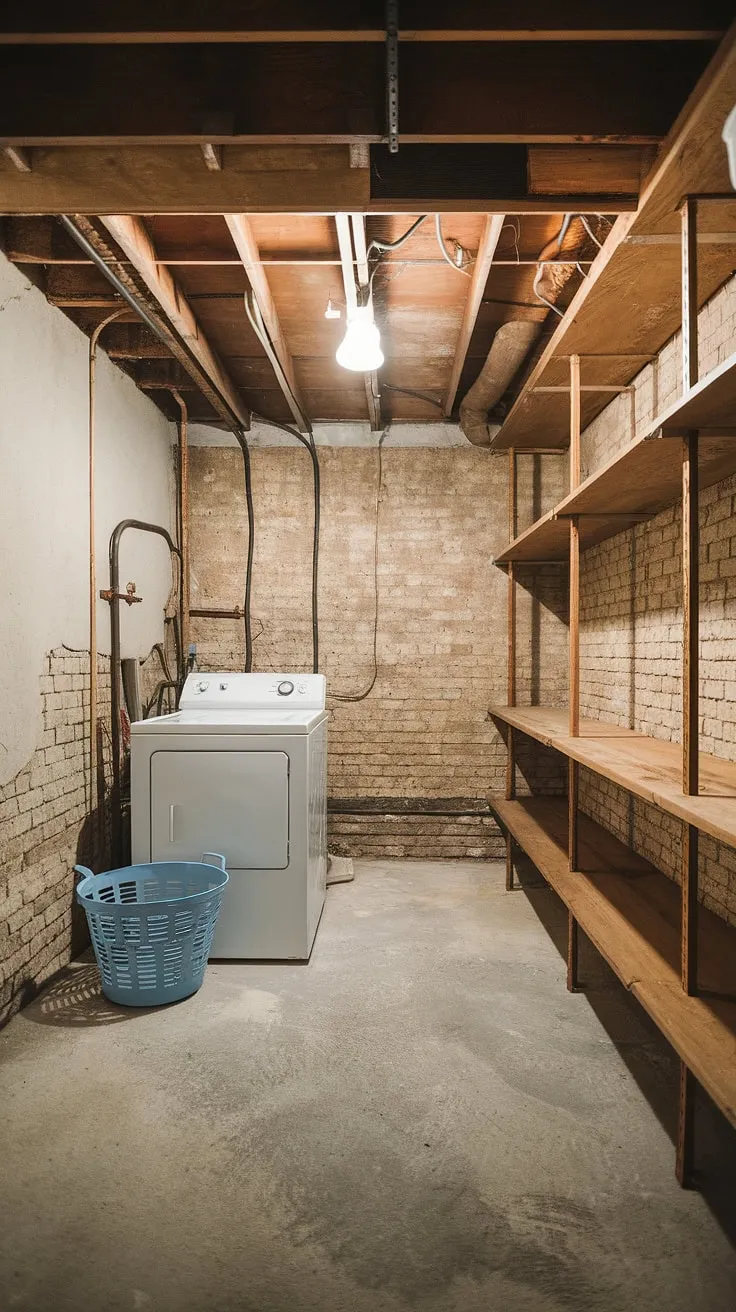 This unfinished basement laundry room is a blank canvas for a basement laundry room renovation. The exposed brick adds character, and the simple wooden shelf provides a touch of organization. Moving washer and dryer units down here was a smart move, and with some basement laundry ideas, this space could become a cute basement laundry room. Plenty of room for basement washer and dryer upgrades and a complete basement laundry room remodel.