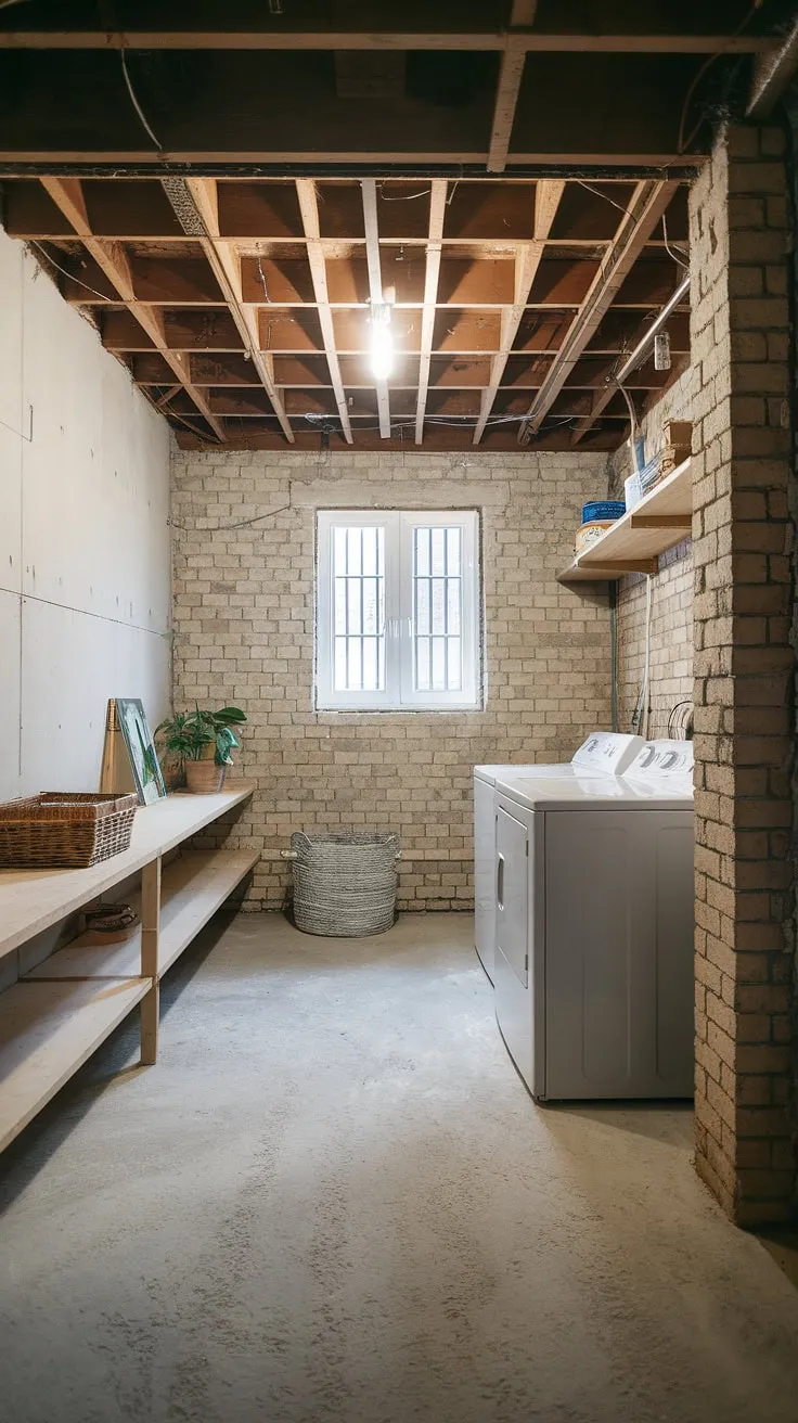 Transforming this unfinished basement laundry room into a cute basement laundry room. Basement laundry ideas are coming to life! Moving washer and dryer to this space was the first step in this basement laundry room remodel.