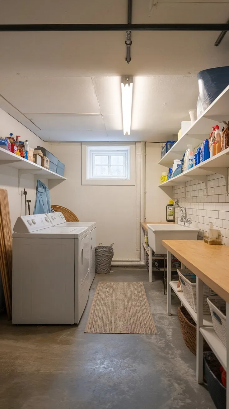 Basement laundry room remodel complete! This basement laundry room renovation proves that even an unfinished basement laundry room can become a functional and stylish space. Check out these basement laundry ideas for your own project.