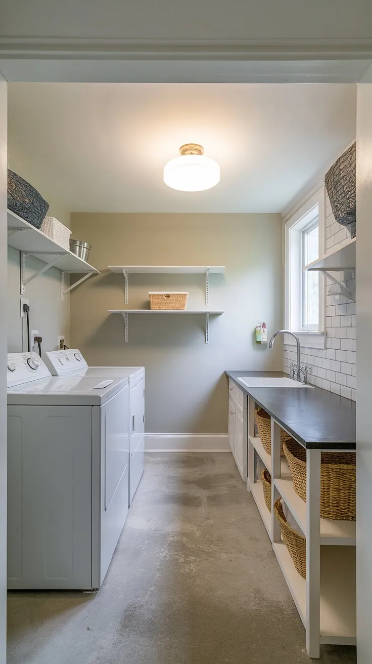 This basement laundry room renovation transformed an unfinished basement laundry room into a cute basement laundry room. The addition of a countertop, sink, and shelving provides ample storage, making laundry day a breeze. Moving the washer and dryer to this space was a smart solution, and the light gray paint brightens the area. Plenty of basement laundry ideas were incorporated to maximize functionality and style.