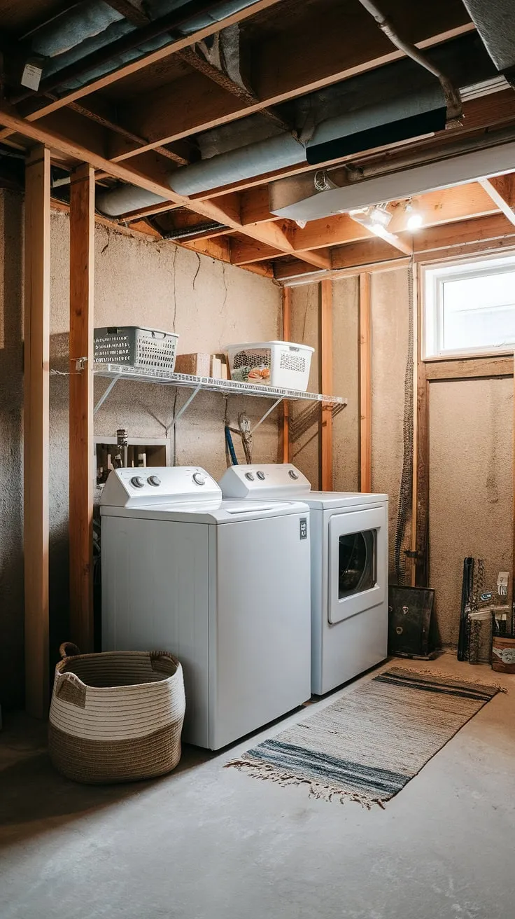 This unfinished basement laundry room proves that functionality and charm can coexist. The exposed beams and concrete walls add character, while the simple shelf and rug create a surprisingly cute basement laundry room. This space is a great starting point for a basement laundry room renovation or remodel, showcasing clever basement laundry ideas for maximizing a small space. Moving washer and dryer units to the basement is made easy with a little creativity.