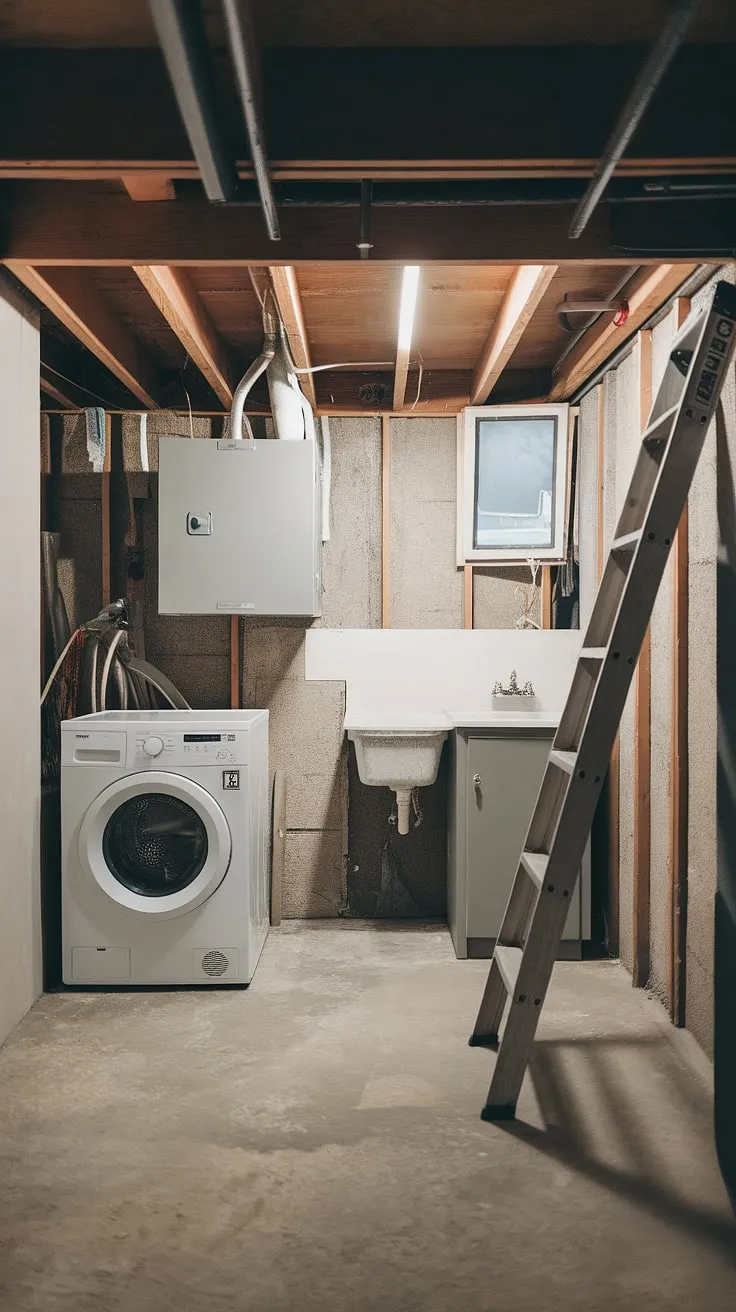 Moving washer and dryer to this basement laundry space? Basement laundry ideas abound for this unfinished basement laundry room, from simple fixes to a full basement laundry room remodel.