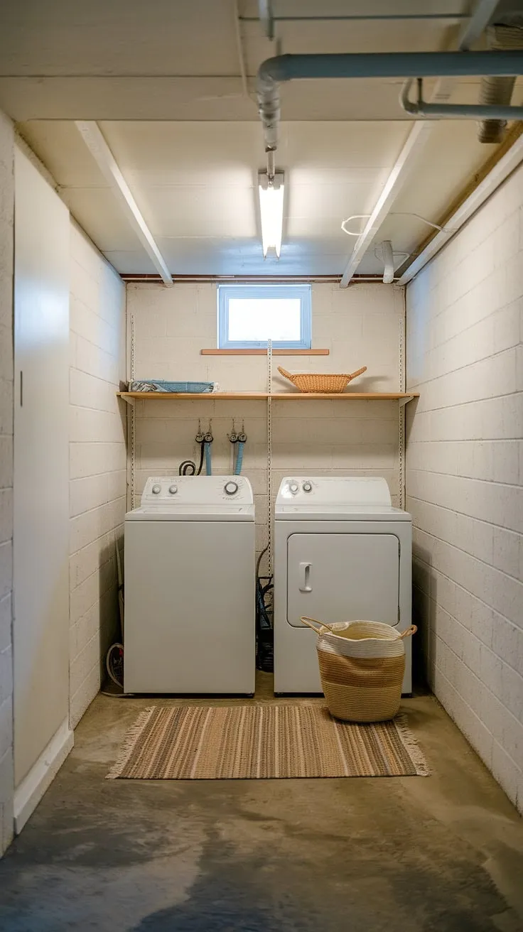 This basement washer and dryer setup is the perfect example of a successful basement laundry room remodel. Even with a concrete floor and white walls, this unfinished basement laundry room feels welcoming and organized. The addition of a shelf and laundry basket provides ample storage, and the rug adds a touch of warmth. This basement laundry room is a testament to how effective simple basement laundry ideas can be when planning your moving washer and dryer project.