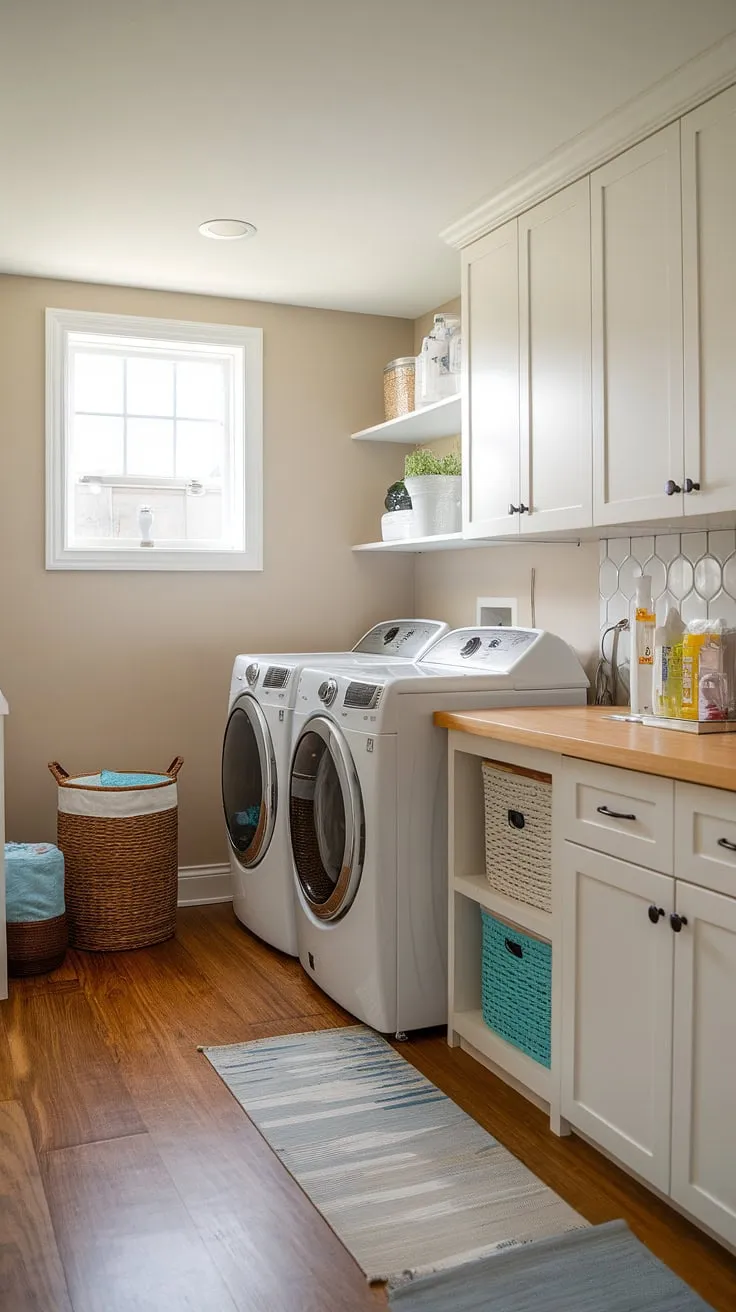 Basement laundry perfection! This basement laundry room remodel is a testament to the power of smart design. From the clever storage solutions to the natural light, this basement washer and dryer setup is the epitome of cute basement laundry room goals. Thinking of moving washer and dryer? This is your inspiration.