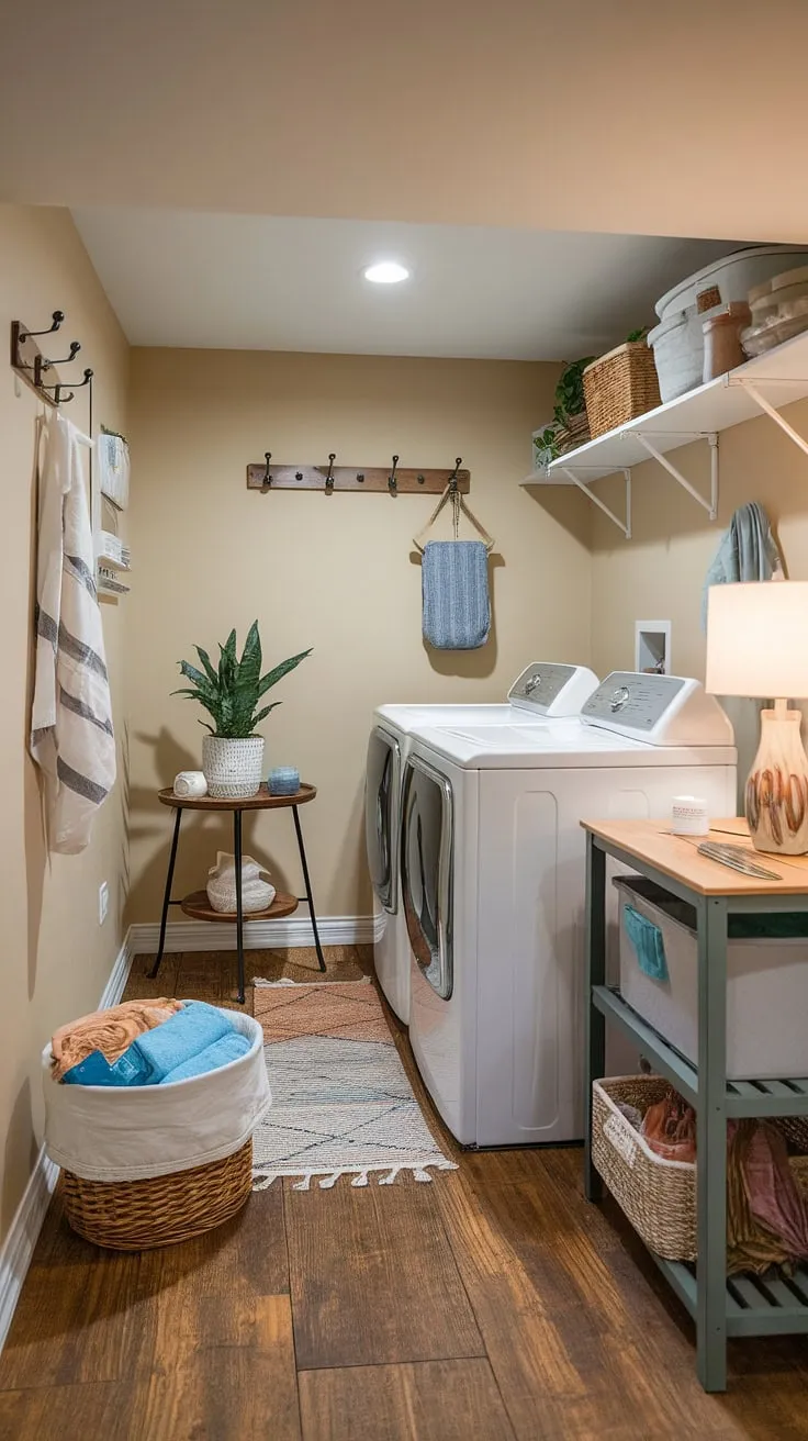 Cozy and functional: This cute basement laundry room proves that even an unfinished basement can be transformed into a stylish and efficient space. Basement laundry room renovation doesn't have to be daunting; see how simple updates—like moving washer and dryer to this spot and adding a few personal touches—can make all the difference. This is a great example of basement laundry ideas for small spaces.