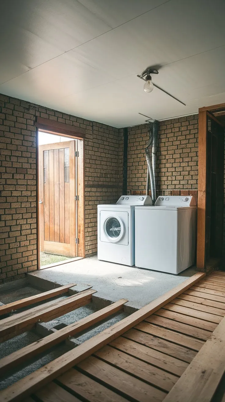 This unfinished basement laundry room is a blank canvas for a basement laundry room remodel. The exposed brick walls and high ceilings offer tons of basement laundry ideas, and the placement of the basement washer and dryer on the temporary wooden planks is a great starting point for moving washer and dryer to this space and creating a cute basement laundry room.