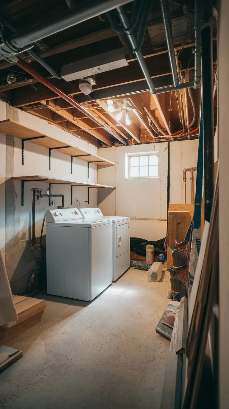 From unfinished basement to cute basement laundry room—this basement laundry room renovation is a work in progress, but the basement washer and dryer are already in place! Moving washer and dryer to the basement was the first step in creating our dream basement laundry. Plenty of basement laundry ideas still to come!