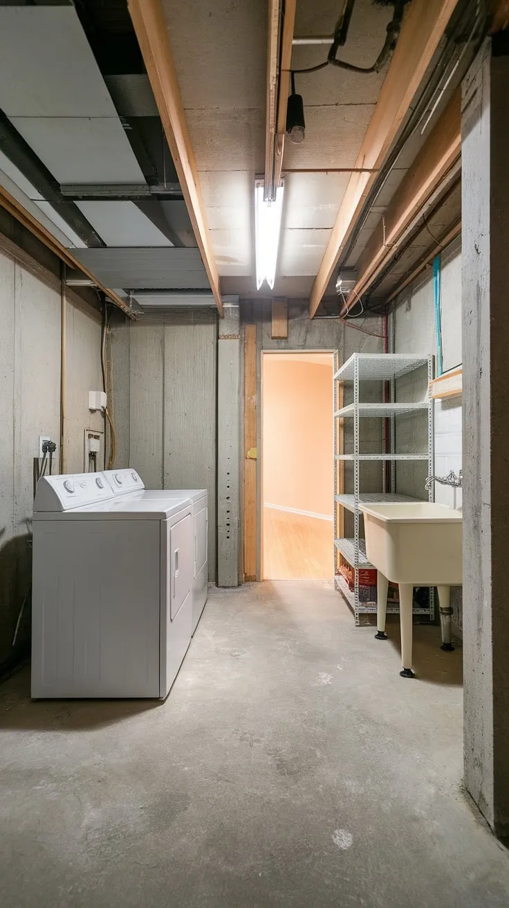 Transforming this unfinished basement laundry room into a cute basement laundry room. Basement laundry room renovation ideas are flowing!
