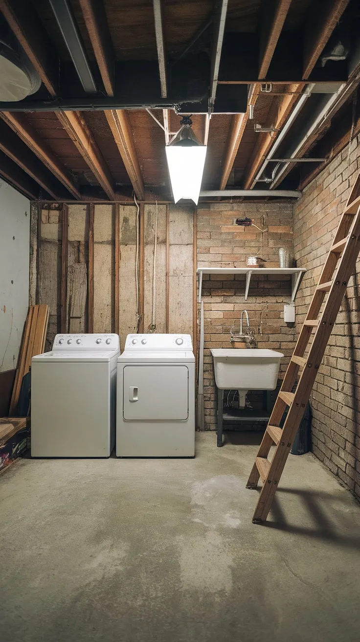 The perfect starting point for a basement laundry room remodel! This unfinished basement laundry room, complete with basement washer and dryer and a utility sink, offers a rustic canvas. Exposed brick and a concrete floor create a unique backdrop for basement laundry ideas. The ladder suggests ongoing work, but even now, this basement laundry room is surprisingly cute. Consider this a testament to the potential of moving washer and dryer to the basement. This basement laundry room renovation is one to watch!