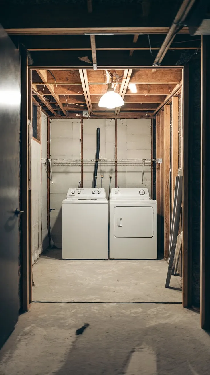 This unfinished basement laundry room is getting a much-needed makeover! The basement washer and dryer are already in place, ready for their new surroundings. We're excited to share our basement laundry ideas and the progress of this basement laundry room remodel, transforming this space into a cute basement laundry room. Moving washer and dryer units to the basement can be a challenge, but the results will be worth it.