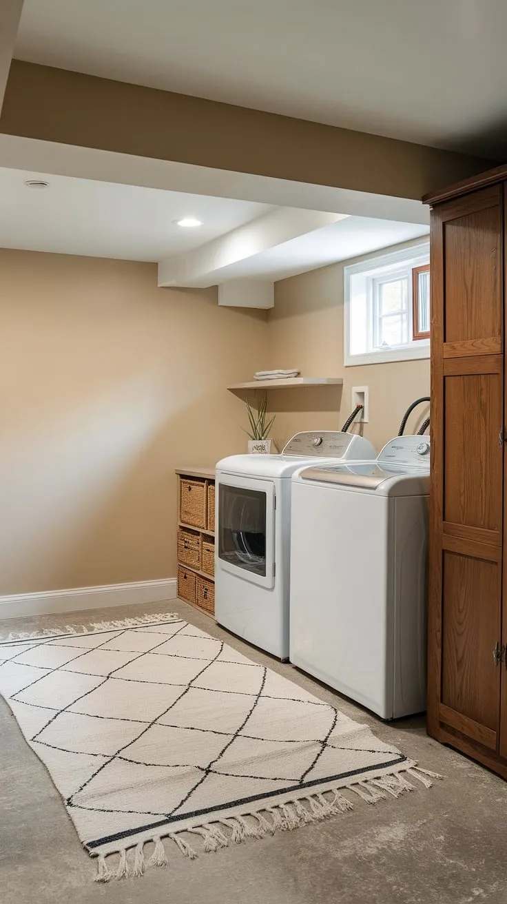 This basement laundry room renovation transformed an unfinished basement laundry room into a cute basement laundry room. The beige walls and white rug brighten the space, while the wooden cabinet adds warmth. Moving the washer and dryer to this dedicated area was a smart move, and the window provides natural light. This is a great example of basement laundry ideas for maximizing space and style.