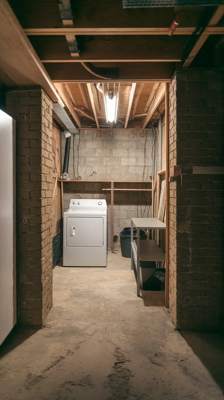 Moving washer and dryer to the basement? This unfinished basement laundry room is a blank canvas for basement laundry ideas, perfect for a basement laundry room remodel.