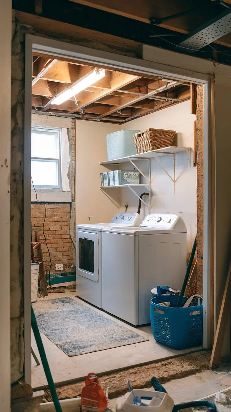 From unfinished basement laundry room to cute basement laundry room—this basement laundry room renovation is transforming how we do laundry! Moving washer and dryer to this space was the best basement laundry ideas decision ever.