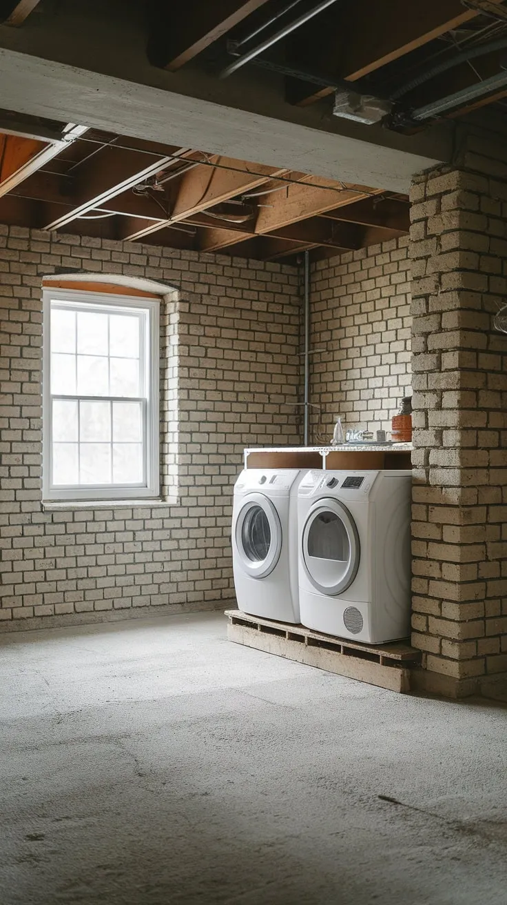 This unfinished basement laundry room is brimming with rustic charm! The exposed brick walls and concrete floor provide a fantastic backdrop for the washer and dryer, cleverly elevated on a platform. Natural light streams in through the window, brightening the space. With a little basement laundry room renovation, this area could become a truly cute basement laundry room. This project highlights some great basement laundry ideas, especially for those considering moving washer and dryer units to a basement. The existing storage area adds to the functionality, making this basement laundry room remodel a worthwhile endeavor.