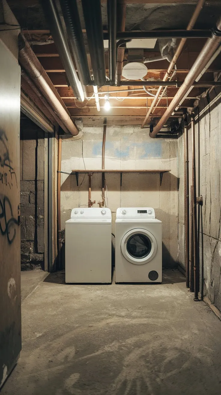 Moving washer and dryer to the basement? This unfinished basement laundry room shows the potential for a basement laundry room remodel. Basement laundry ideas are endless, even with exposed pipes and a little graffiti.