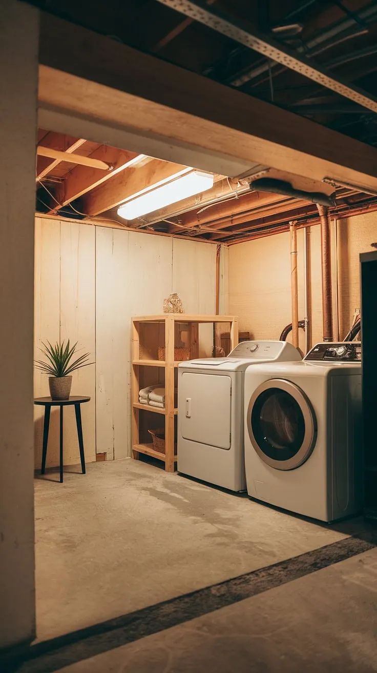 This basement laundry room renovation proves that even an unfinished basement laundry room can be transformed into a delightful space. The basement washer and dryer are now nestled beside a custom wooden cabinet, offering ample storage. A small table with a plant adds a touch of personality to this cute basement laundry room, demonstrating creative basement laundry ideas for anyone considering moving washer and dryer to their basement. The concrete floor adds a touch of industrial chic to this successful basement laundry room remodel.