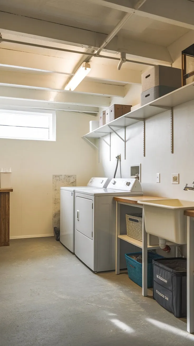 Sunlight streams into this transformed unfinished basement laundry room, showcasing a successful basement laundry room renovation. The new setup includes a convenient laundry sink, ample counter space, smart storage solutions, and a perfectly placed basement washer and dryer. This cute basement laundry room is a testament to clever basement laundry ideas, making moving washer and dryer a breeze and maximizing space in this basement laundry area.