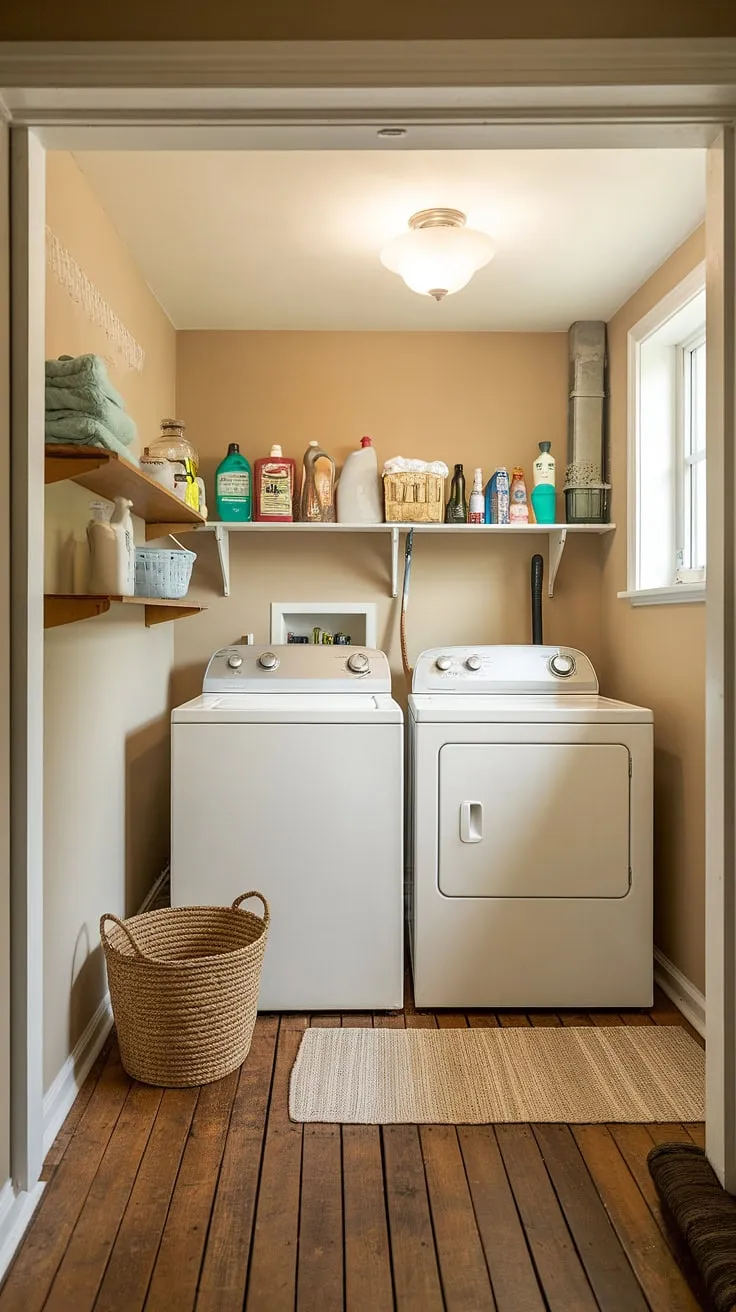A successful basement washer and dryer setup! This basement laundry room remodel showcases how a little creativity can turn a drab unfinished basement laundry room into a delightful space. The addition of a shelf above the machines provides convenient storage, and the laundry basket adds a touch of rustic charm. This is a great example of basement laundry ideas, proving that even moving washer and dryer to the basement can result in a cute basement laundry room.