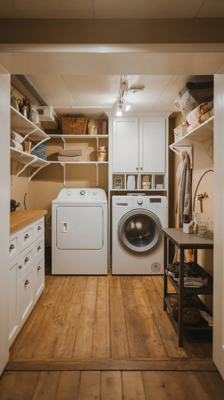 From unfinished basement laundry room to a dream! This basement laundry room remodel showcases how a little creativity can turn a drab basement into a functional and stylish space. The basement washer and dryer are now nestled in a charming setting with white cabinets, wooden floors, and clever storage solutions. This basement laundry is a testament to the power of thoughtful design and planning, offering plenty of basement laundry ideas for your own renovation.