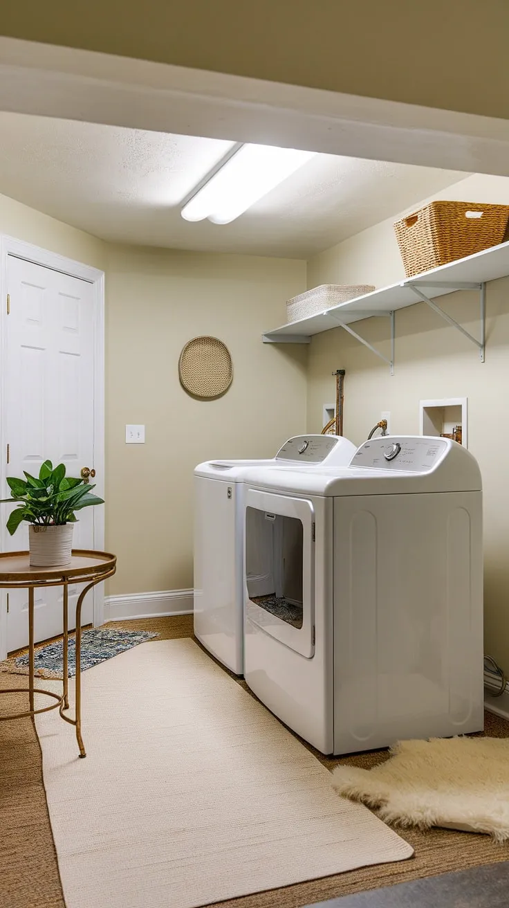 This basement laundry room renovation transformed an unfinished basement laundry room into a cute basement laundry room. The bright lighting and light paint create a welcoming space, perfect for moving washer and dryer units. The added shelf and fluffy rug provide both storage and comfort, showcasing clever basement laundry ideas.
