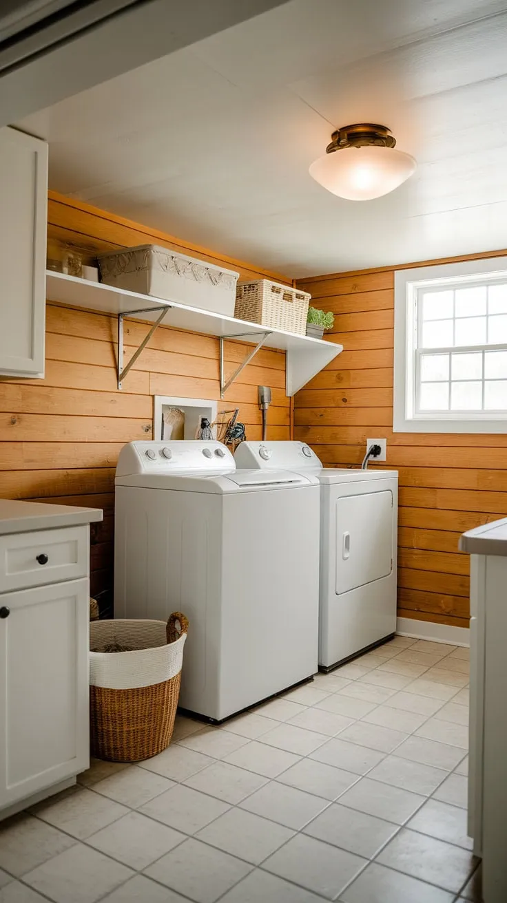 This basement laundry room remodel is the perfect blend of style and functionality. We tackled this unfinished basement laundry room, installing new cabinets, tiling the floor, and adding a charming wood accent wall. The result? A bright and airy basement laundry space with ample storage above the basement washer and dryer. This project showcases clever basement laundry ideas, making the most of a sometimes-underutilized area. Perfect for anyone considering moving washer and dryer to the basement.