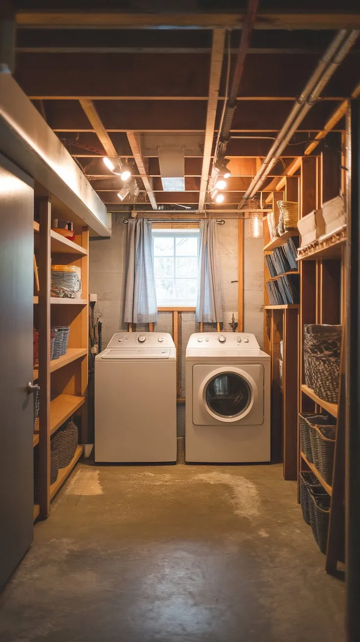 Warm lighting and exposed wooden beams create a cozy ambiance in this basement laundry room renovation. The unfinished basement laundry room has been transformed into a functional and cute basement laundry room, complete with a new washer and dryer, ample shelving for storage, and a window dressed with curtains. This basement laundry room remodel is a perfect example of basement laundry ideas, showcasing how moving washer and dryer to the basement can be stylish and efficient.