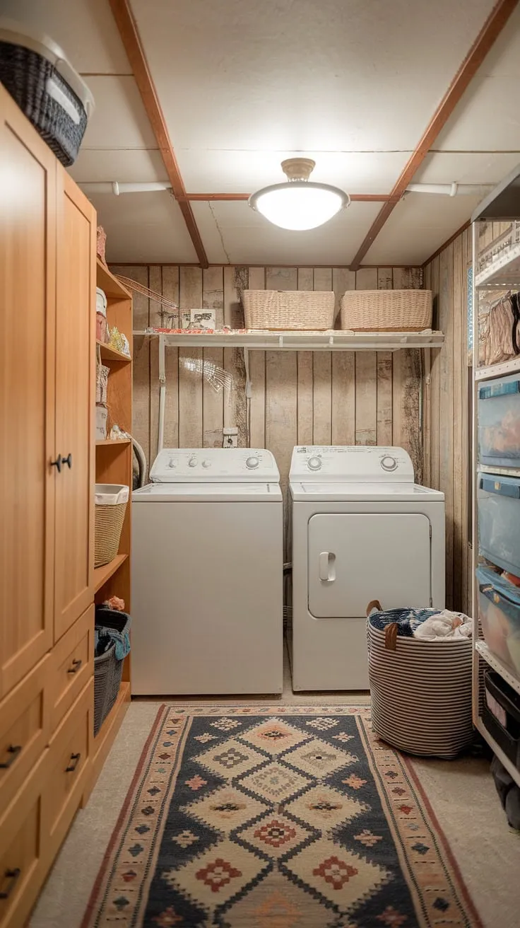 This cute basement laundry room proves that even an unfinished basement can be transformed into a functional and stylish space. The basement laundry room renovation included adding wood paneling, a patterned rug, and a charming wooden cabinet, creating a cozy atmosphere around the basement washer and dryer. This is a perfect example of basement laundry ideas for maximizing small spaces and making moving washer and dryer to the basement a breeze.