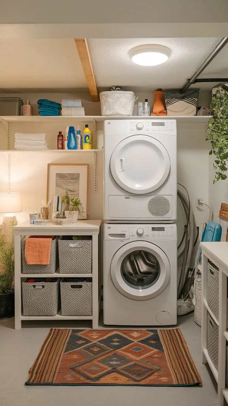 From unfinished basement laundry room to this cute basement laundry room! Basement laundry room renovation complete—moving washer and dryer was worth it. Plenty of basement laundry ideas incorporated.