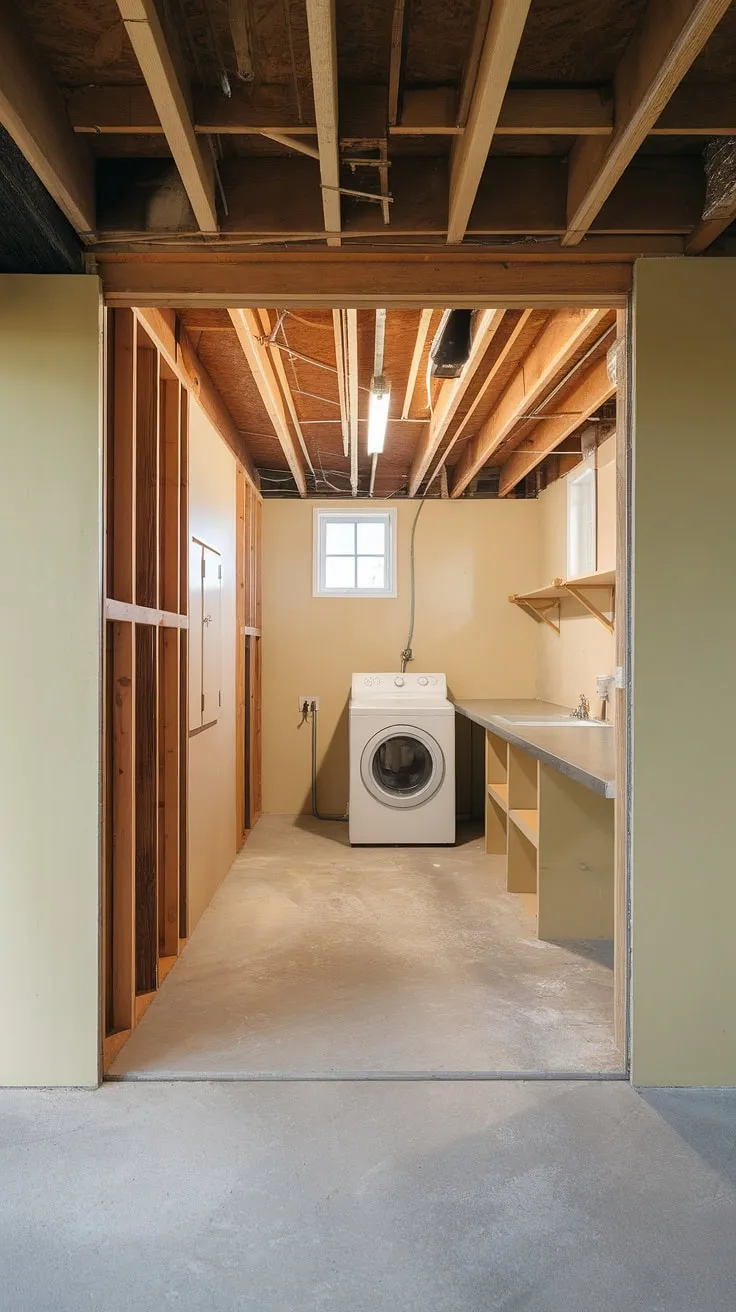This basement laundry room remodel is in progress, but already shows promise! The unfinished basement laundry room boasts natural light, thanks to a few strategically placed windows. The basement washer and dryer are in place, and the addition of a utility sink and countertop makes this basement laundry space functional and stylish. Plenty of basement laundry ideas are still to come, but this cute basement laundry room is already a step up.