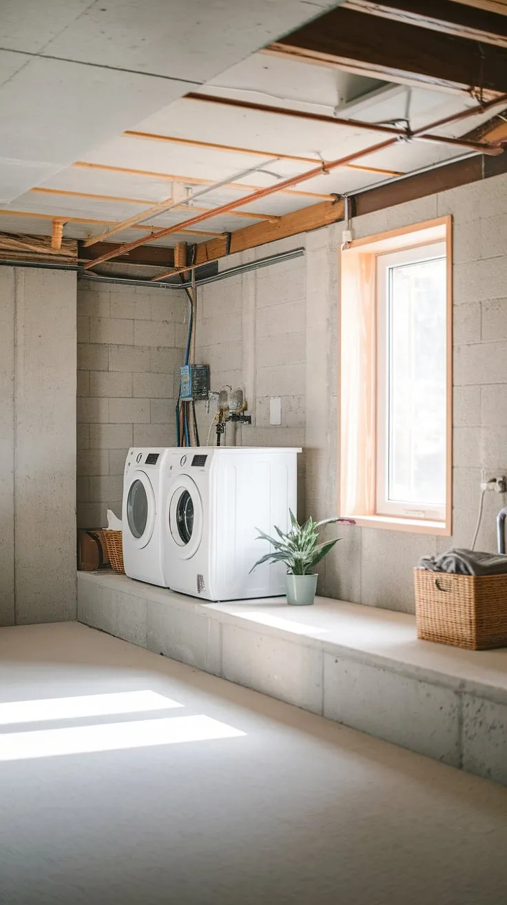 Sunlight streams into this unfinished basement laundry room, highlighting the clever use of a basement ledge for the washer and dryer. Basement laundry renovation ideas are blossoming!