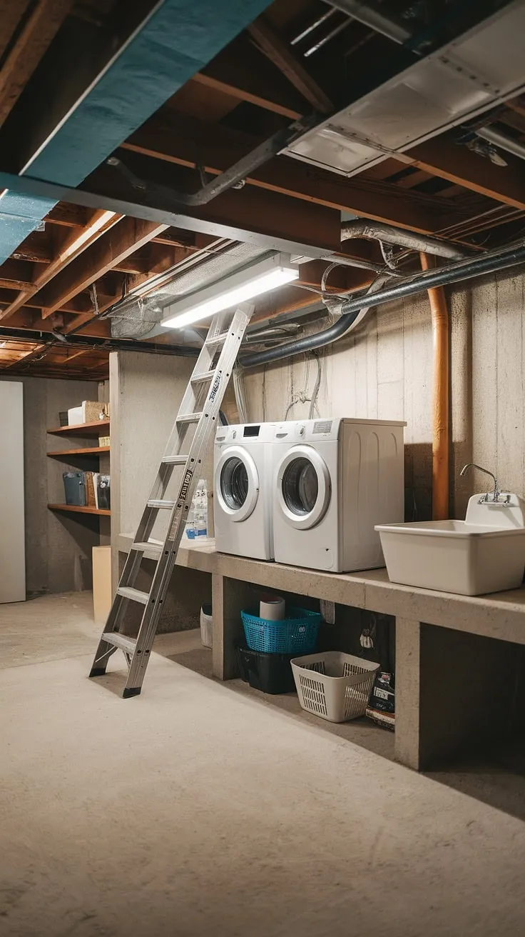 This unfinished basement laundry room, featuring a washer and dryer perched on a basement ledge, is a testament to the potential of a basement laundry renovation. The exposed ceiling beams and concrete floor offer a rustic charm, while the utility sink and storage shelves provide practical functionality. This space is ripe with basement laundry ideas, and a basement laundry remodel could transform it into a stylish and efficient laundry area. The ladder leans invitingly, suggesting the project is underway.