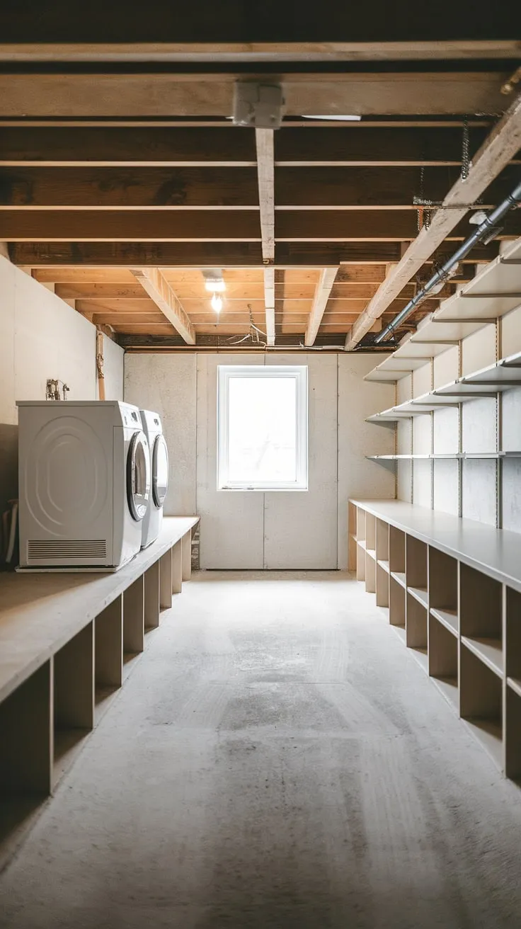 This basement ledge perfectly positions the washer and dryer in this unfinished basement laundry room, offering a smart solution for a basement laundry renovation. Plenty of room for basement laundry ideas, too!
