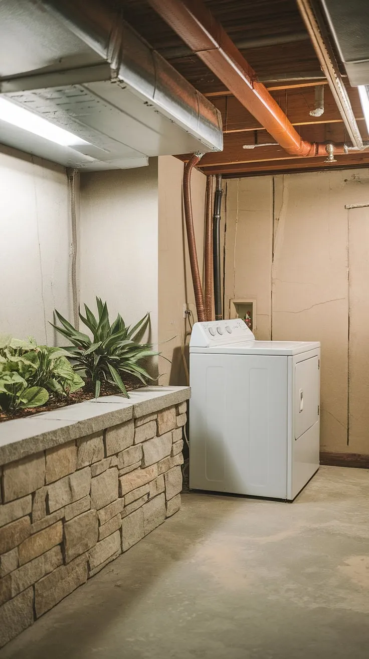 Rustic charm meets functionality in this unfinished basement laundry room. The stone basement ledge, adorned with greenery, adds a touch of unexpected elegance to the space, softening the exposed pipes and concrete floor. This basement washer and dryer setup proves that even a basement laundry renovation can be stylish and efficient. Plenty of basement laundry ideas can be explored to further enhance this area.