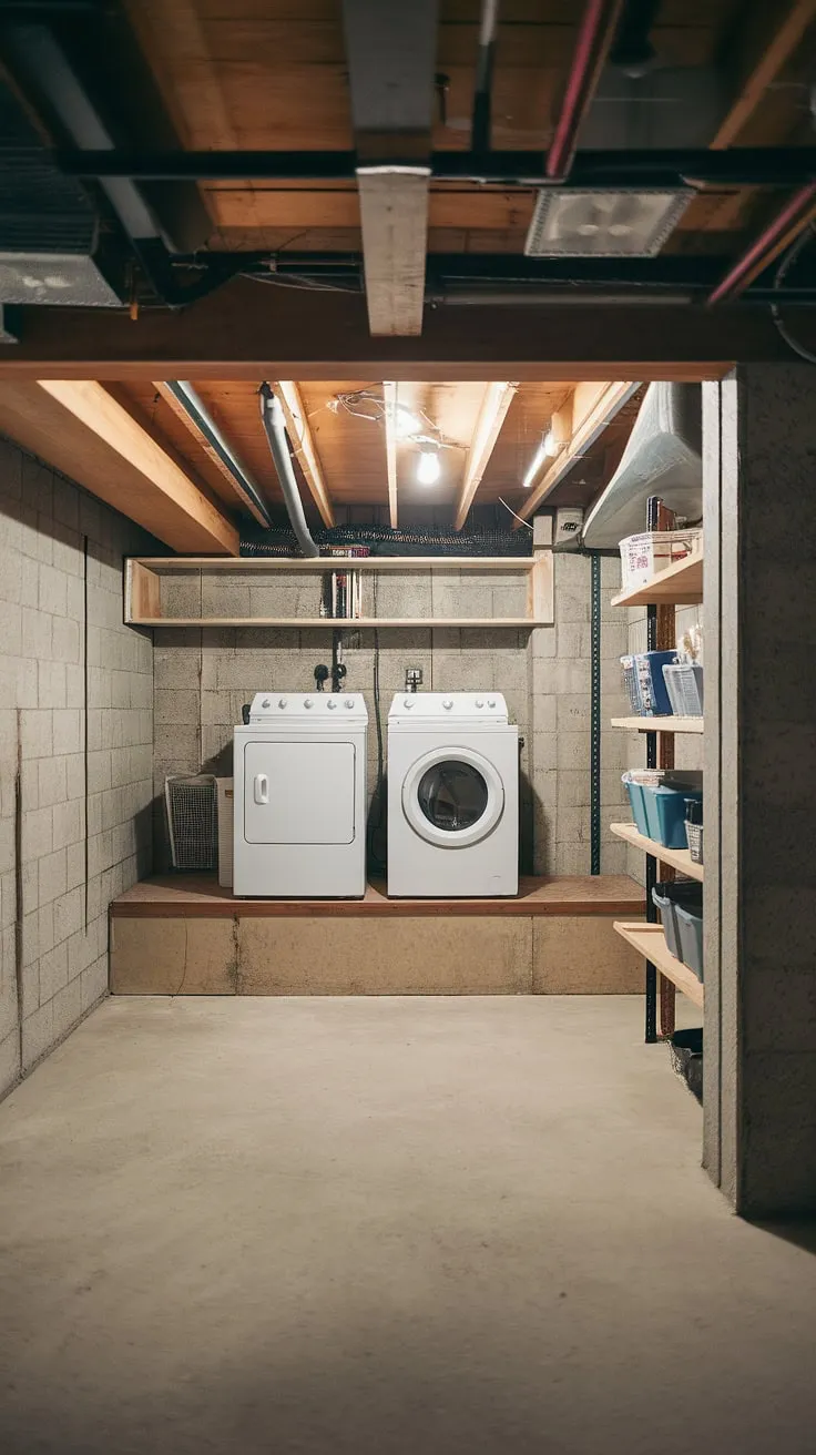 This clean and organized unfinished basement laundry room showcases a practical use of a basement ledge to elevate the washer and dryer, maximizing space. The concrete walls and floor provide a solid foundation for this basement laundry renovation, offering inspiration for basement laundry ideas and basement laundry remodel projects. Consider this a great example of how to efficiently utilize a basement washer and dryer setup.
