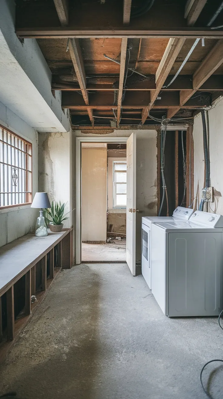 The unfinished basement laundry room awaits its transformation. A simple basement ledge holds a plant, offering a touch of life amidst the exposed beams and concrete floor. The basement washer and dryer sit ready for action, but this space is ripe for a basement laundry renovation. Ideas for a basement laundry remodel are swirling—perhaps brighter walls and updated fixtures? This basement laundry room is a blank canvas for a functional and stylish space.