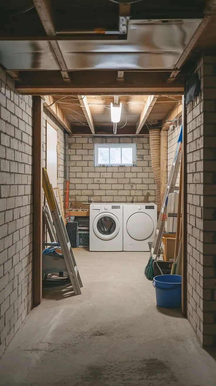 The concrete floor and brick walls of this basement laundry room are a testament to its unfinished state. A basement washer and dryer already reside here, making this basement laundry renovation project a bit easier. The basement ledge adds an interesting architectural element, and we're excited to see the final basement laundry ideas come to life. This basement laundry remodel is sure to be a success.