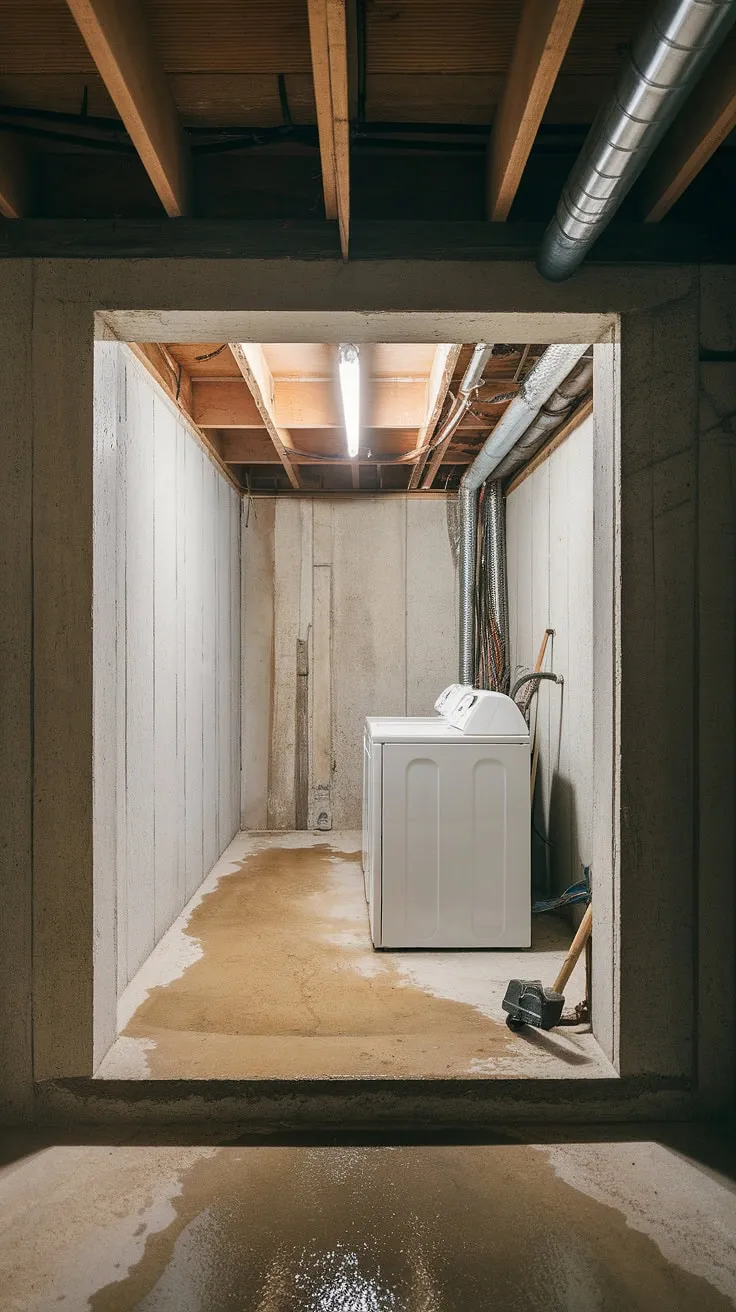 The bright lights illuminate the raw potential of this unfinished basement laundry room. A simple basement ledge provides a workspace, while the exposed concrete walls and ceiling pipe hint at the ongoing basement laundry renovation. The basement washer and dryer are already in place, ready for the next stage of this basement laundry remodel. Plenty of basement laundry ideas are swirling around as we consider the final touches for this space.